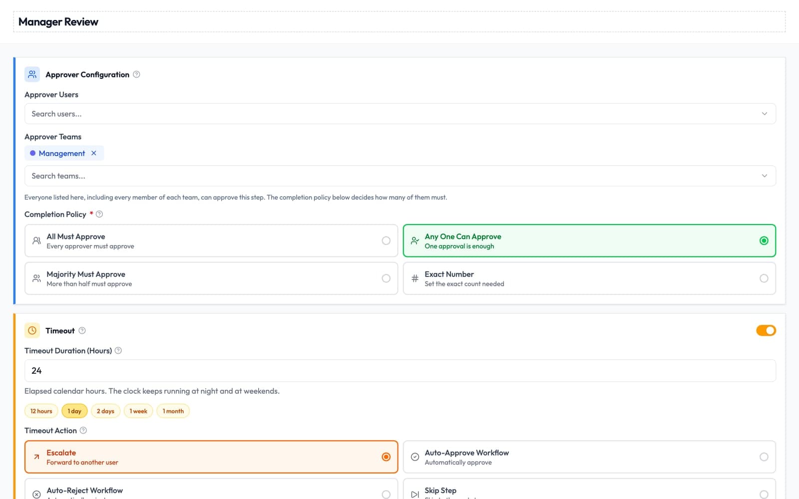 Step Configuration panel in Qualis: approver team Management, completion policy Any One Can Approve, 24-hour timeout that escalates to a named user