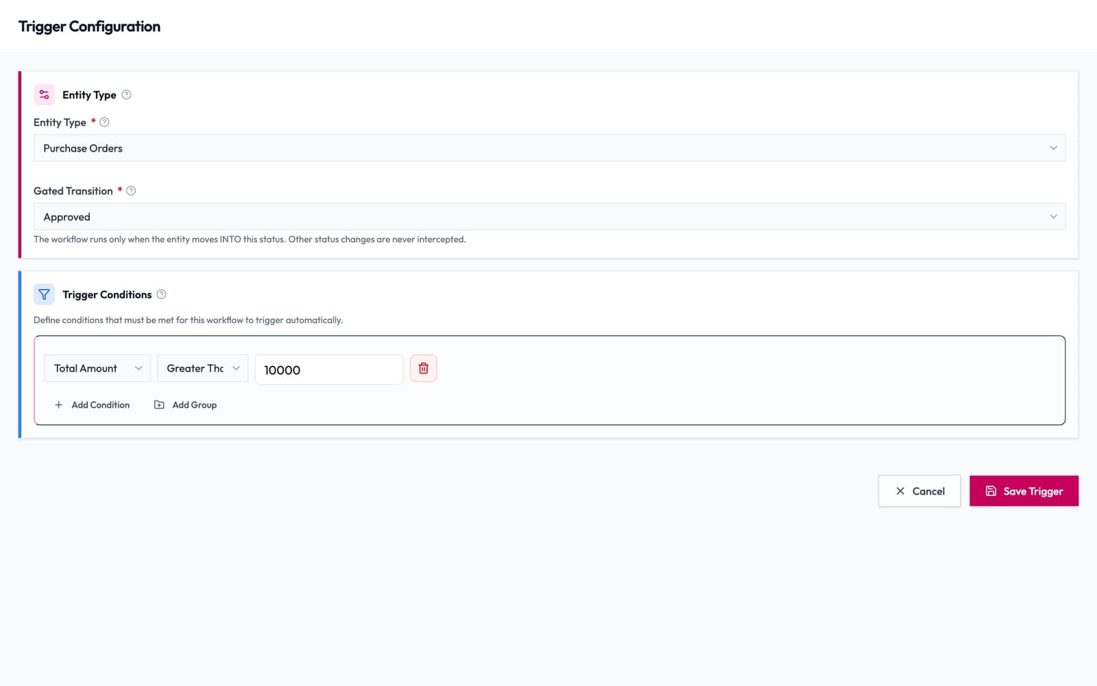 Trigger Configuration of a purchase order approval workflow in Qualis: Purchase Orders, gated transition Approved, condition Total Amount greater than 10000