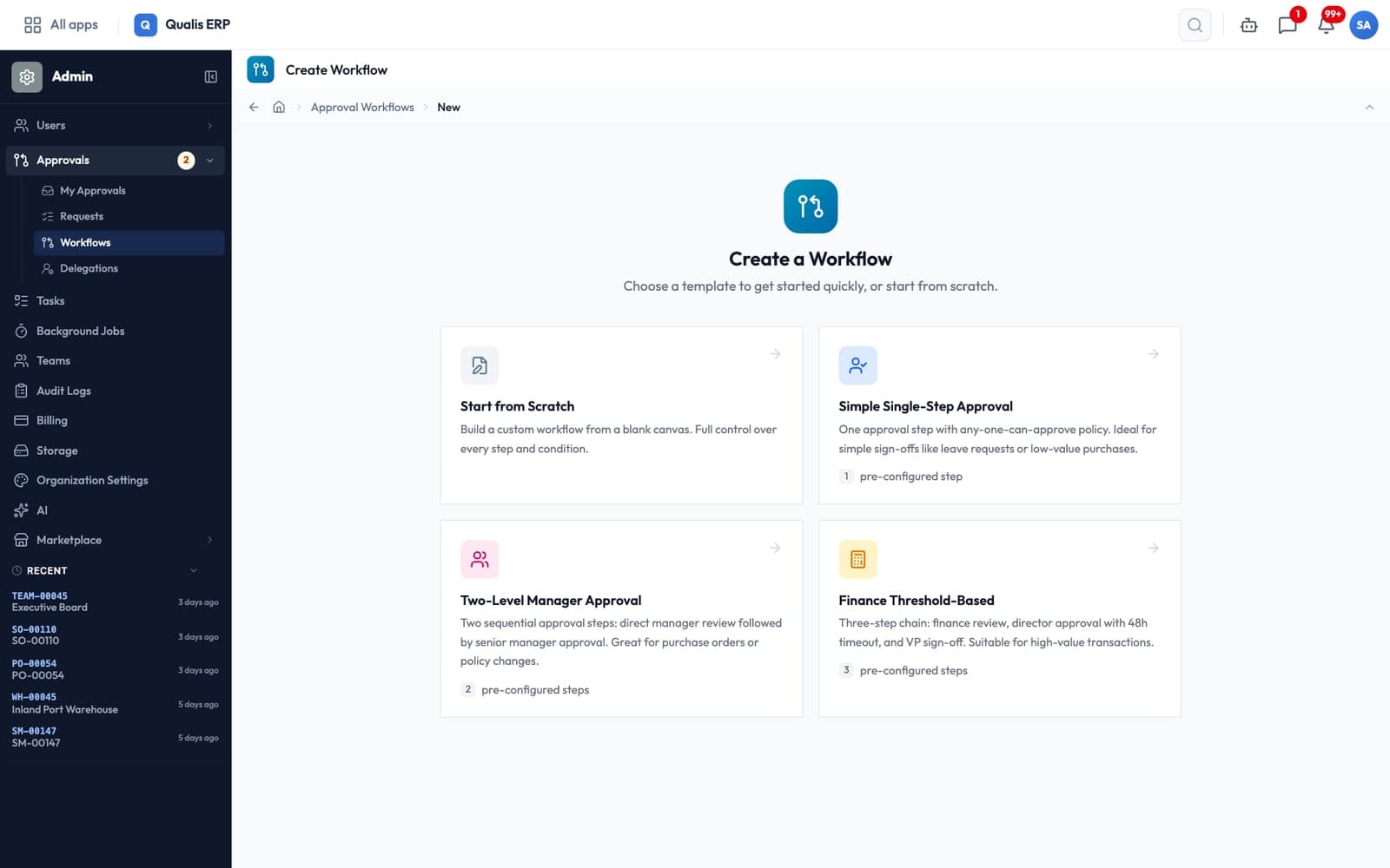 The Create a Workflow screen in Qualis with four templates, including Finance Threshold-Based for purchase order approval thresholds