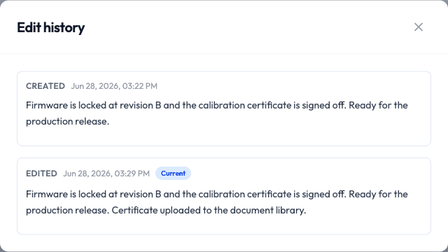 The Edit history window listing the original Created version and the latest Edited version marked Current