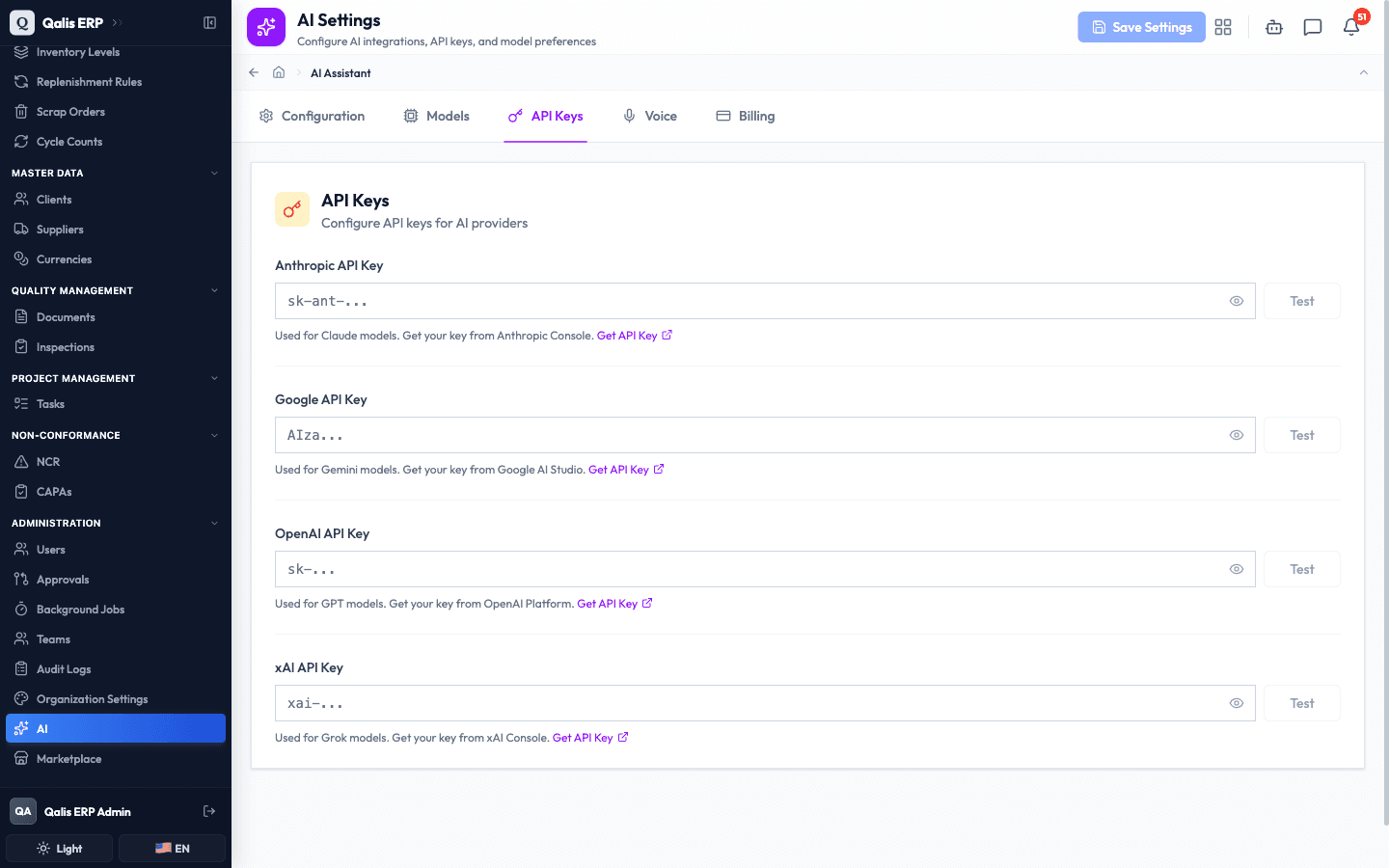 The API Keys tab with an empty box, a hint, and a Get API Key link for each of the four providers