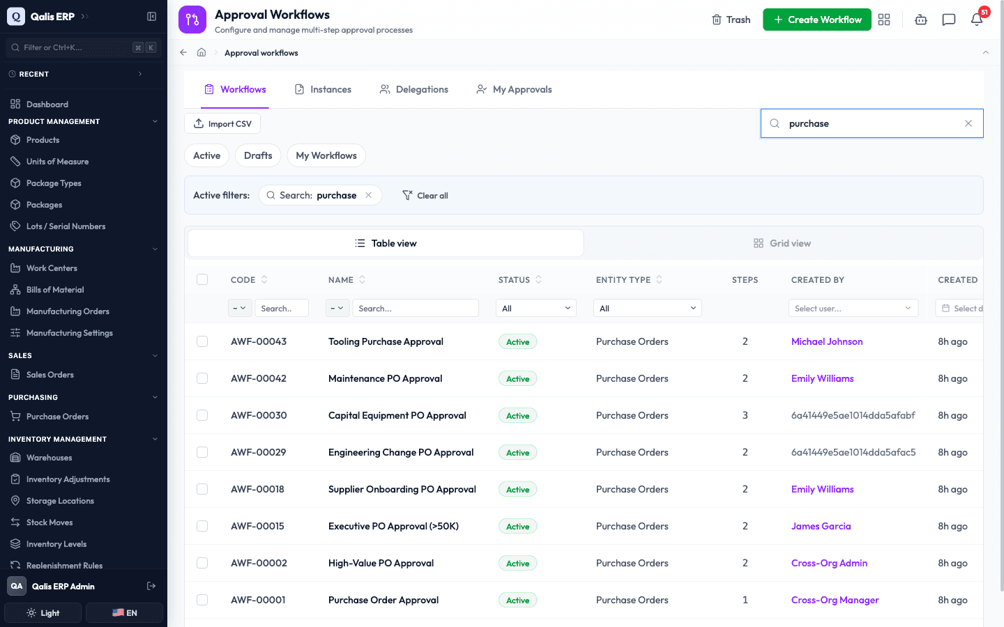 Searching for "purchase" narrows the list to purchase order workflows, with an active filters banner