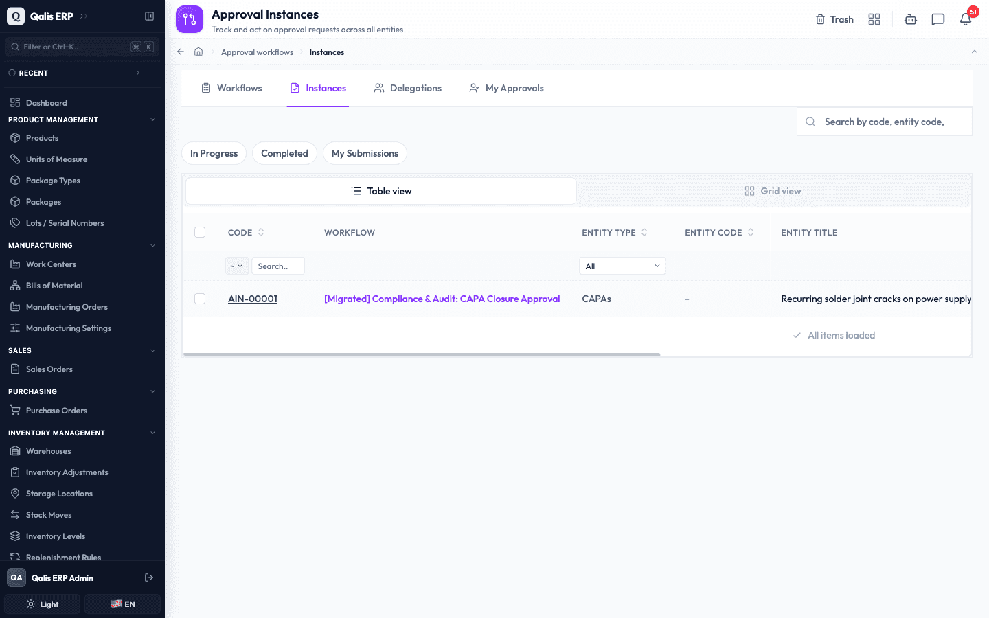 The Instances tab listing approval requests with their workflow, entity and status