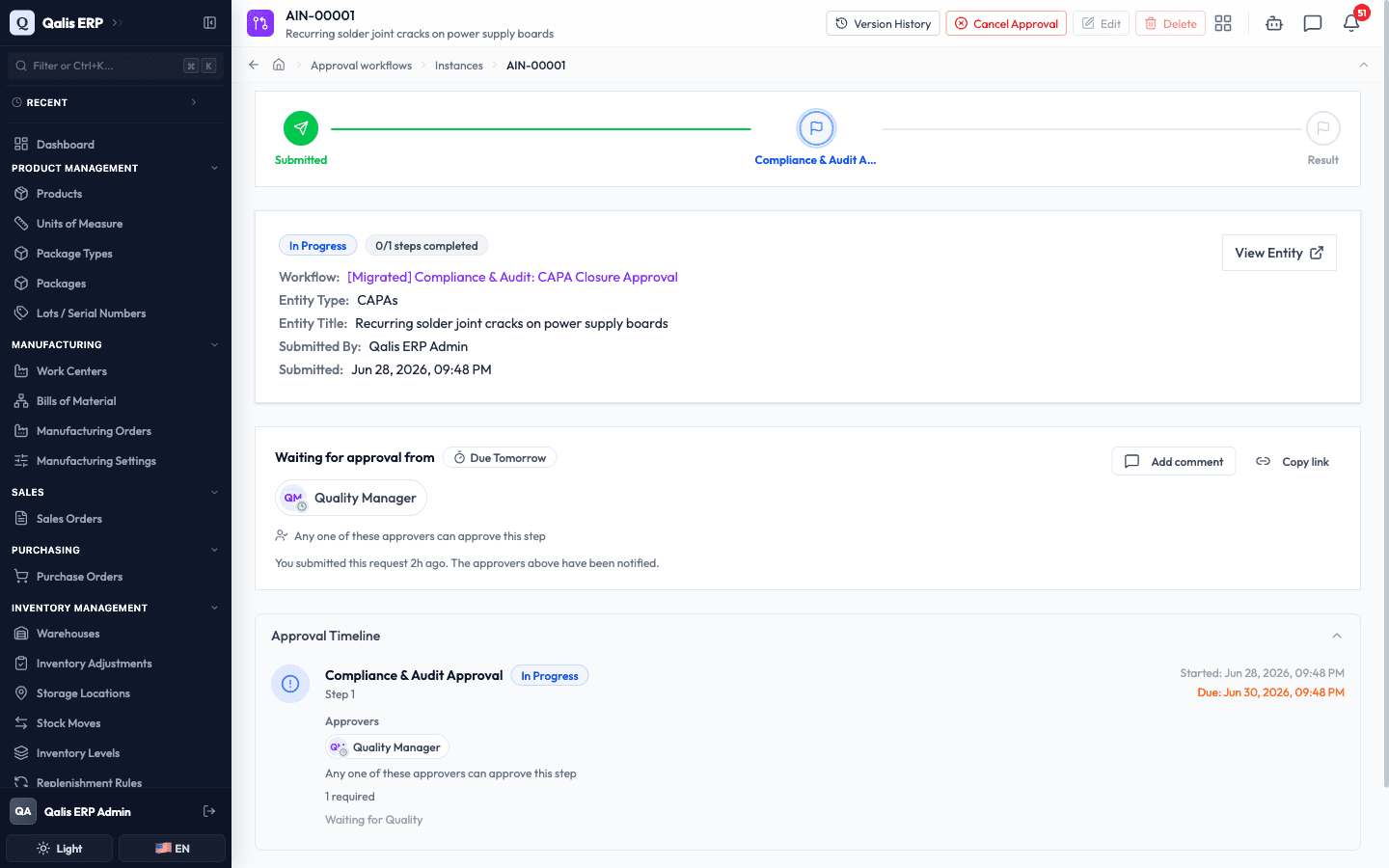An approval request page showing the progress, the approver who is needed, and the approval timeline