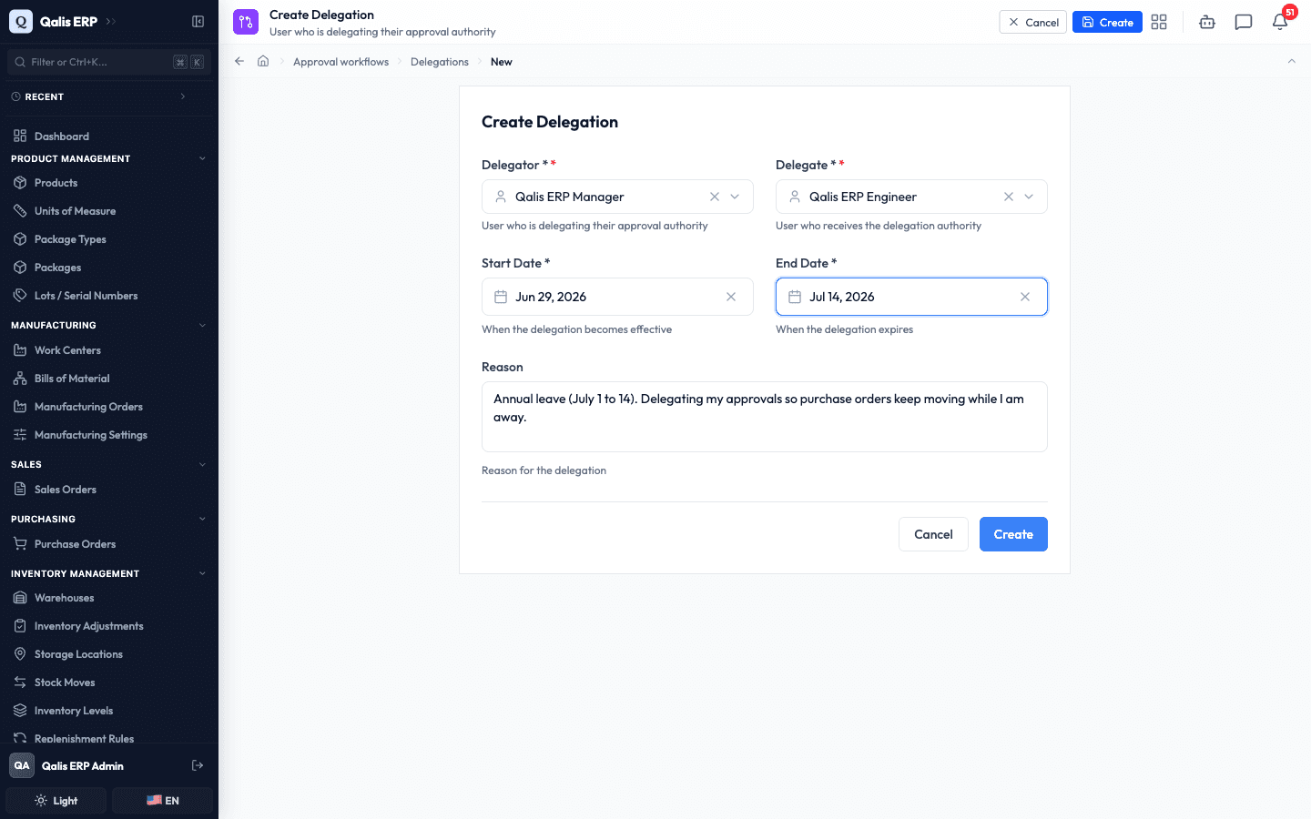 The Create Delegation form with a delegator, delegate, date range and reason filled in
