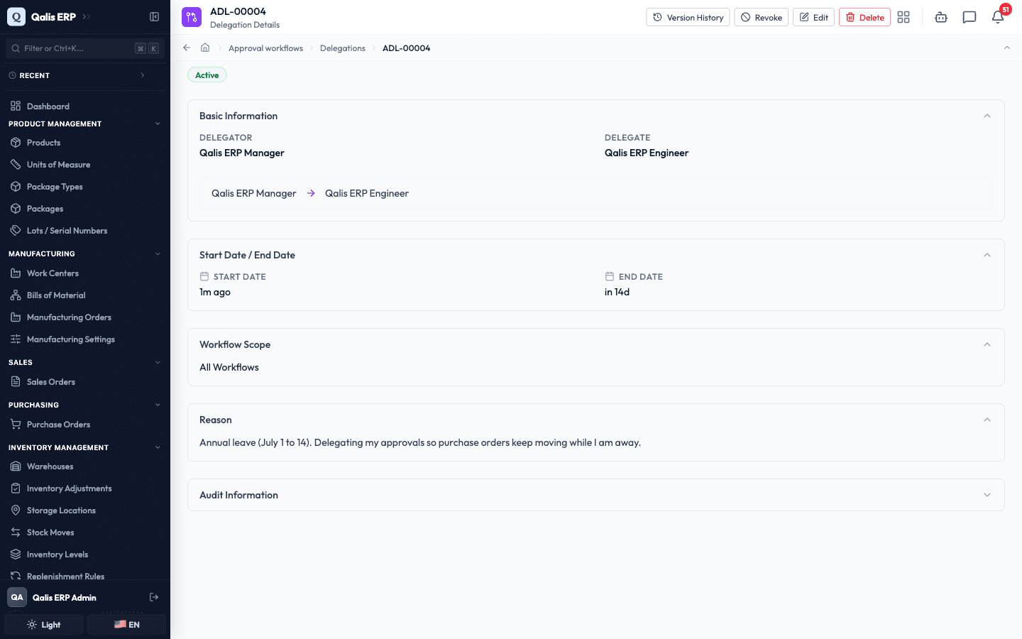 The new delegation page showing it is active, who covers whom, the dates and the reason