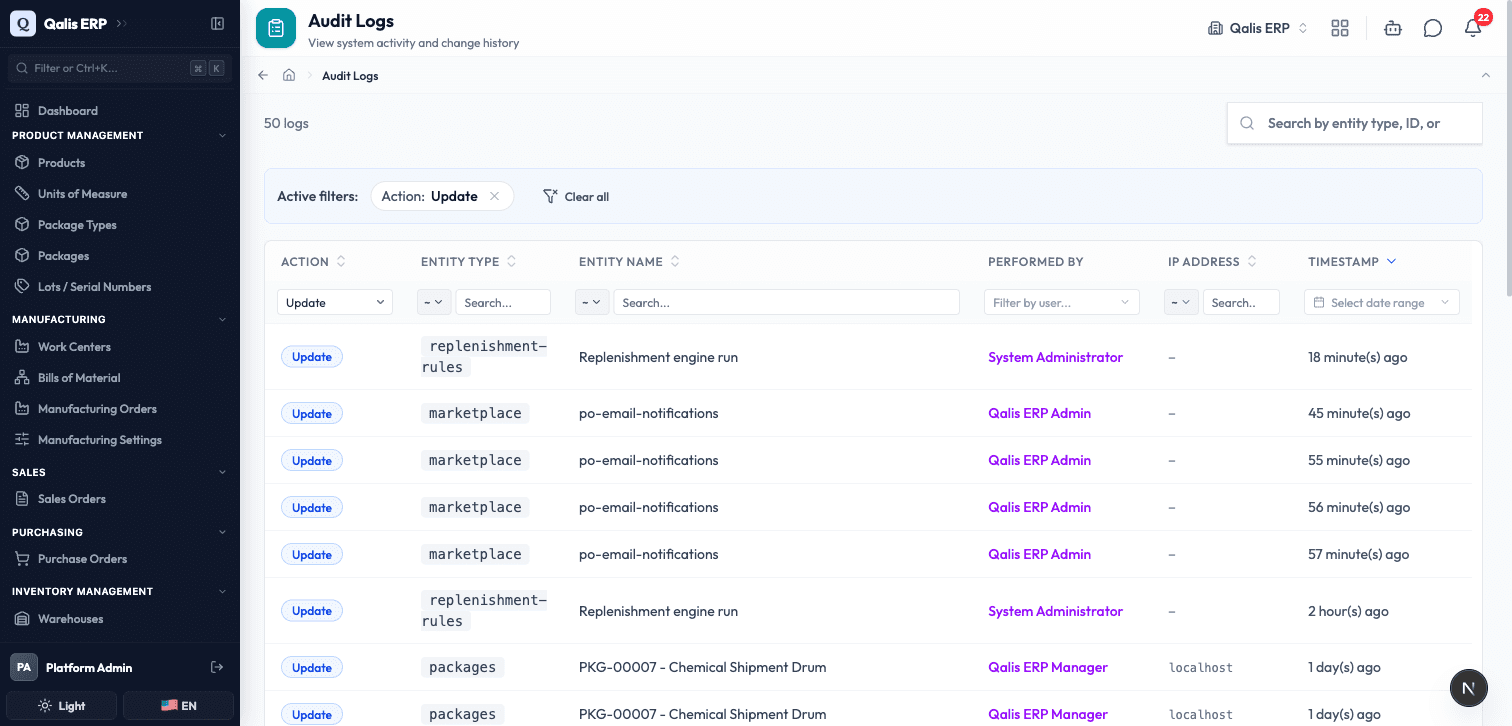 The audit log filtered to only Update actions, with the active filter shown as a chip