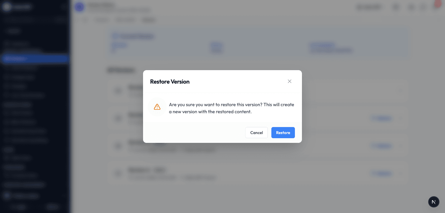 The Restore Version confirmation window, with Cancel and Restore buttons