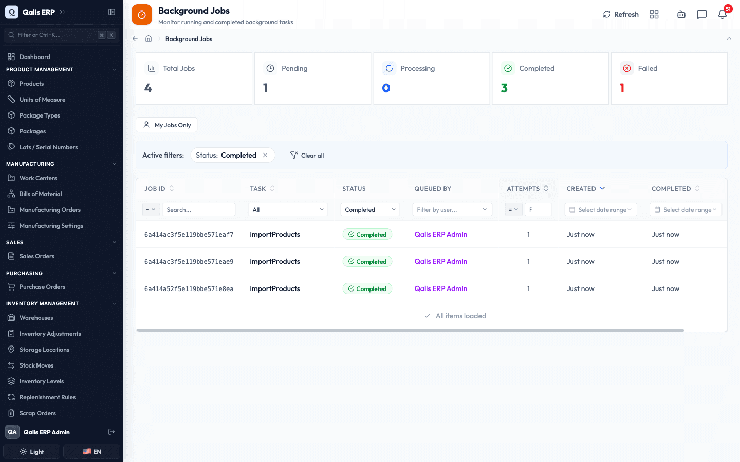 The list filtered to Completed jobs, with an Active filters banner showing the applied filter