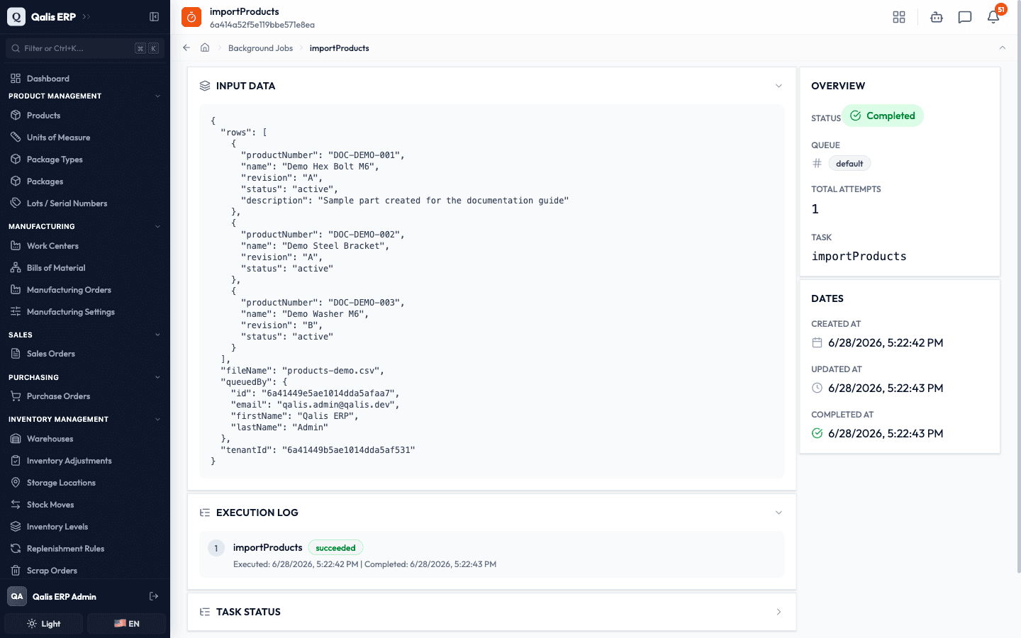 A completed job's detail page showing the Input Data, Overview, Dates, and Execution Log