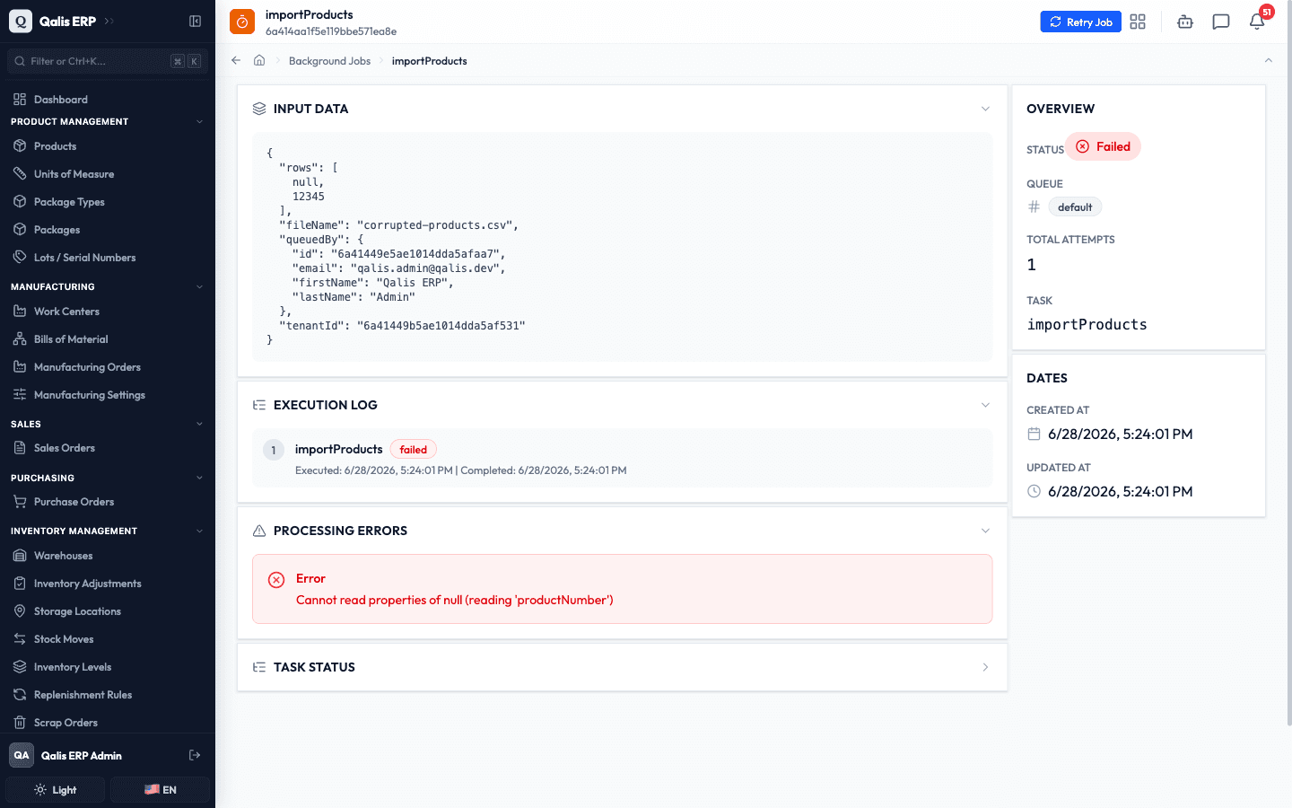 A failed job showing the Retry Job button, the Failed status, and the Processing Errors message