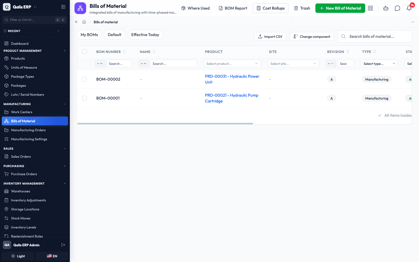 The Bills of Material list with two records, the top bar actions and the quick filters