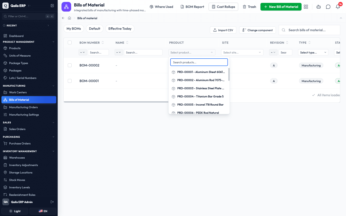 The Product column filter open, showing a searchable list of products