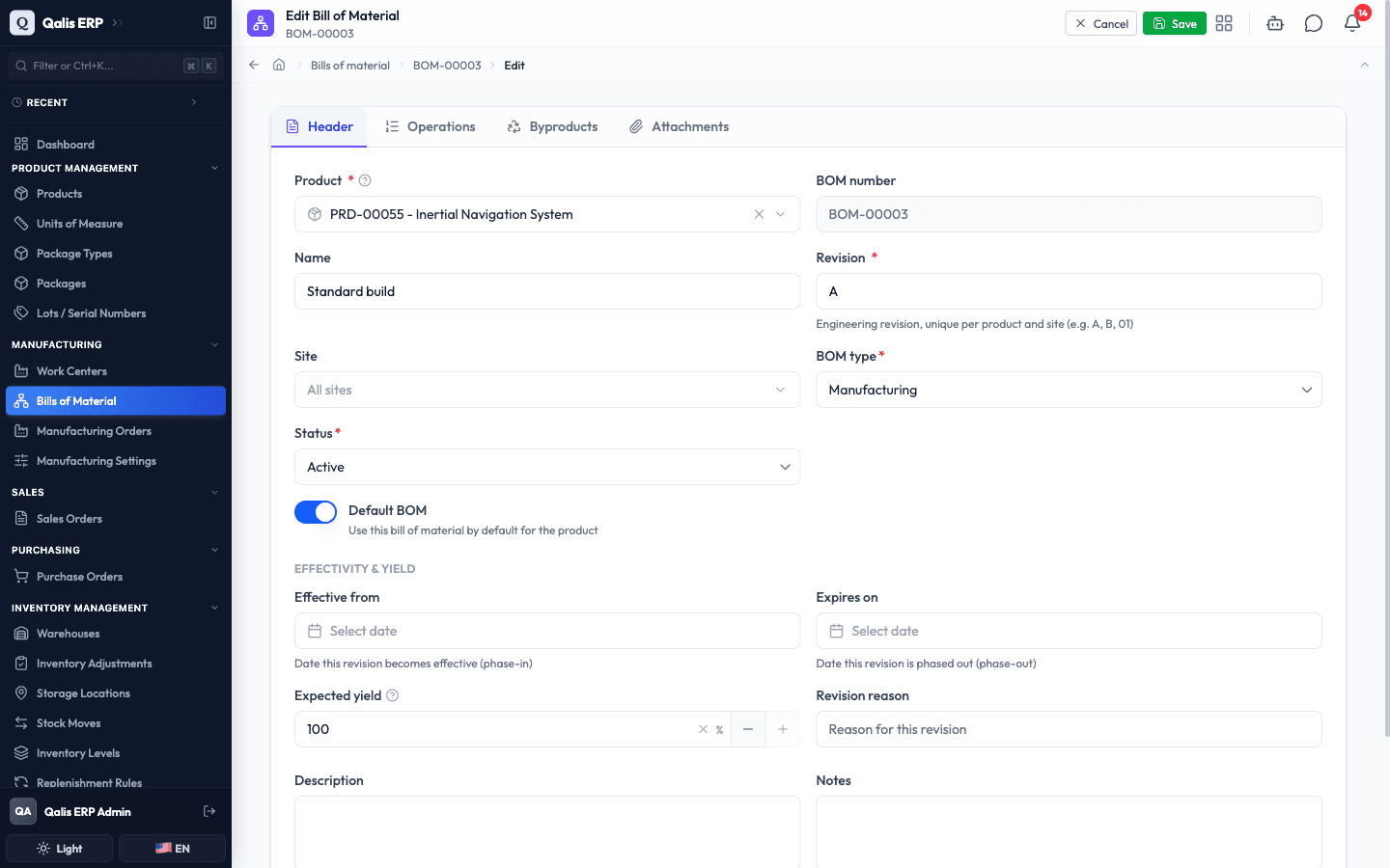 The edit form with the status changed to Active and the Default BOM switch turned on