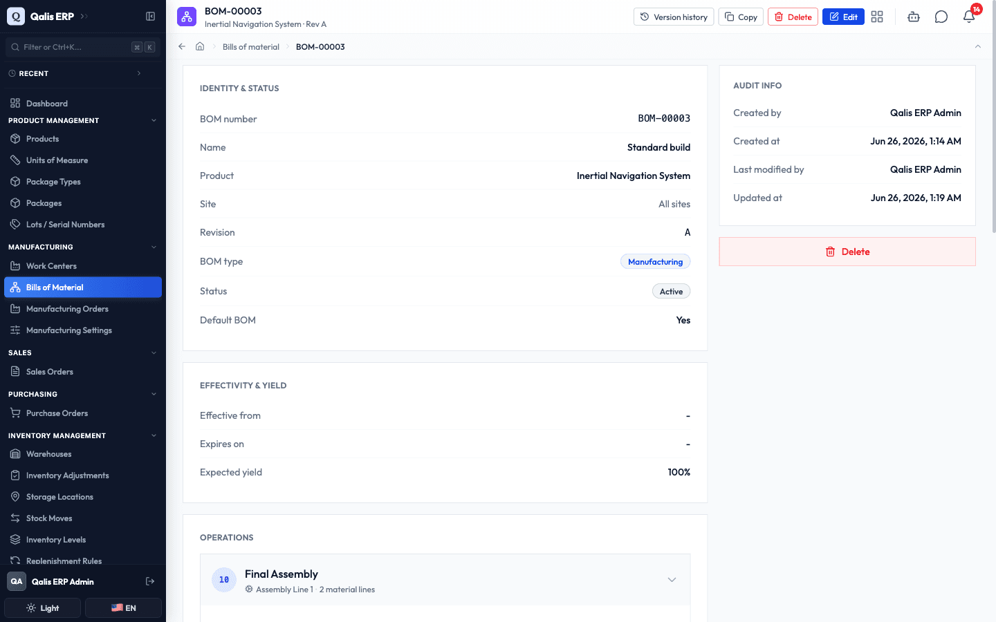 The detail page showing the bill of material is now Active and set as the default