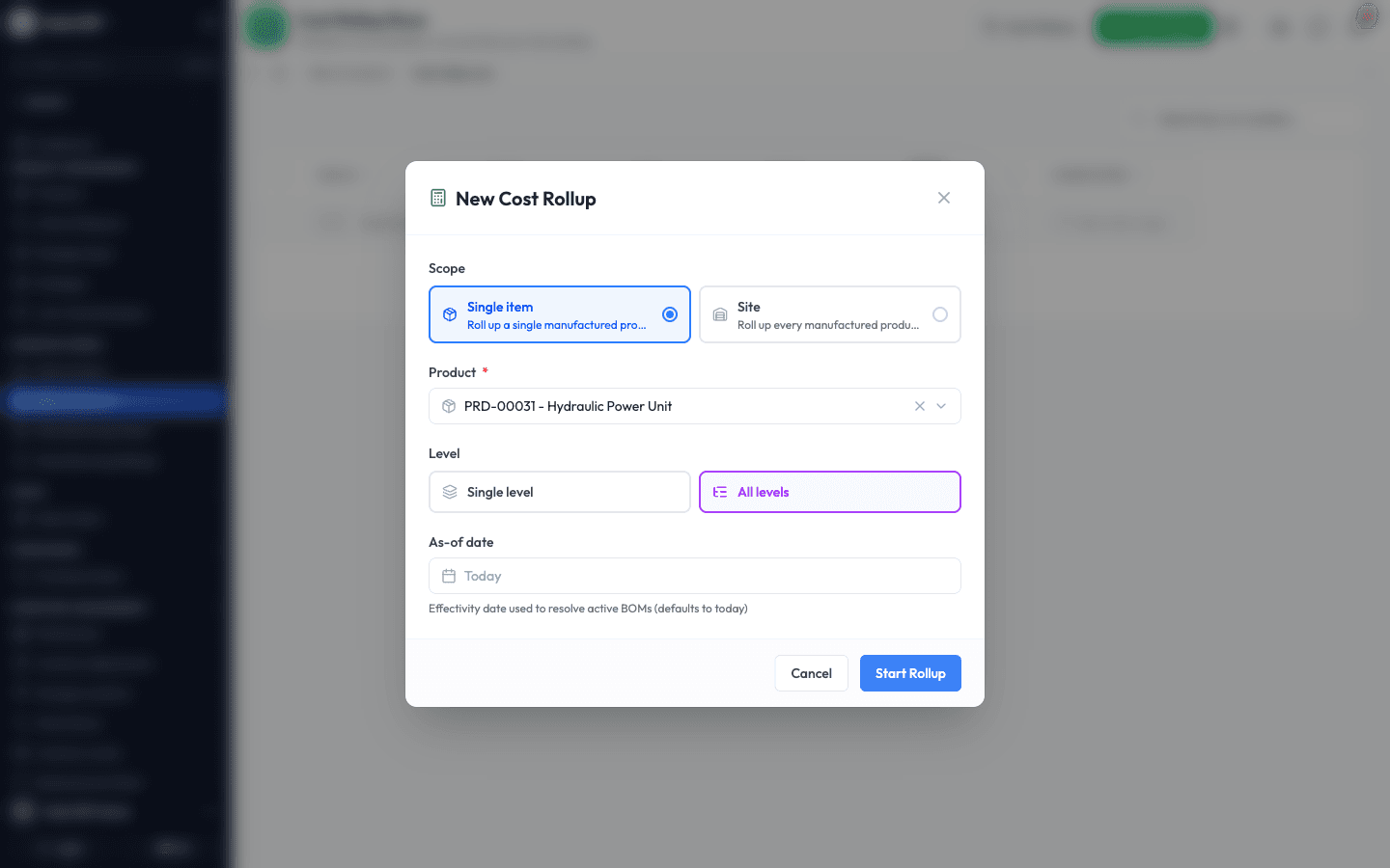 The New Cost Rollup dialog with a single product selected and All levels chosen