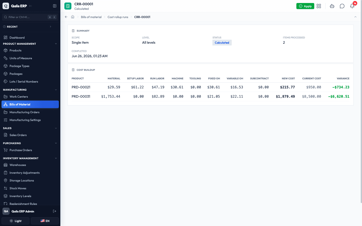 A finished cost rollup run showing the cost buildup table with new cost, current cost and variance per product