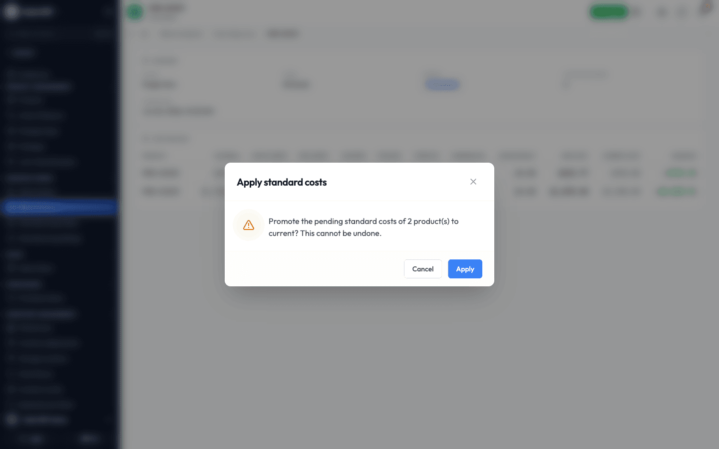 The Apply confirmation asking to promote the pending standard costs of two products to current