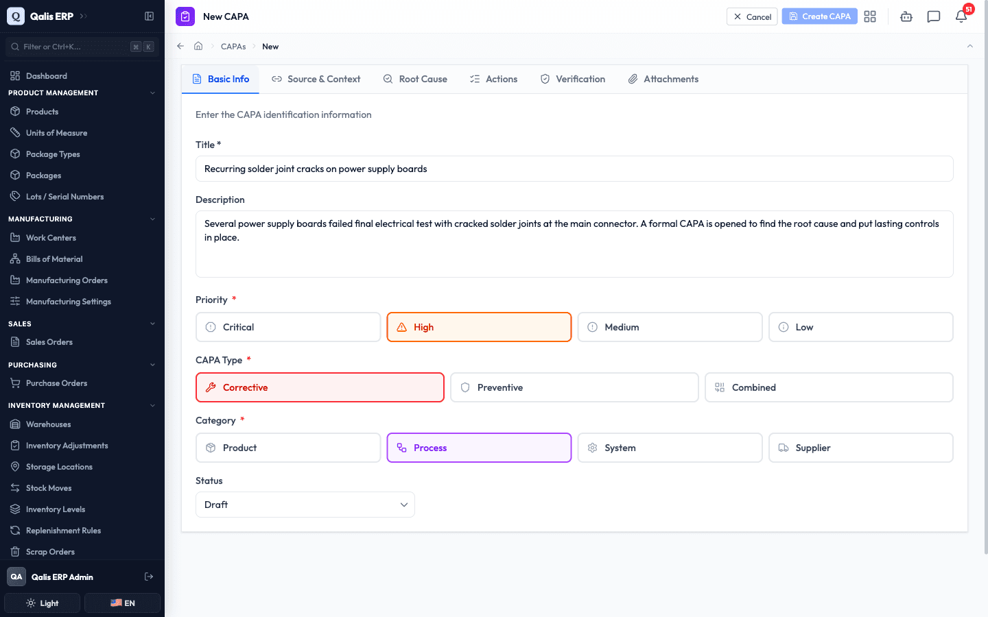 The Basic Info tab with a title, description, and the Priority, Type, and Category choices selected