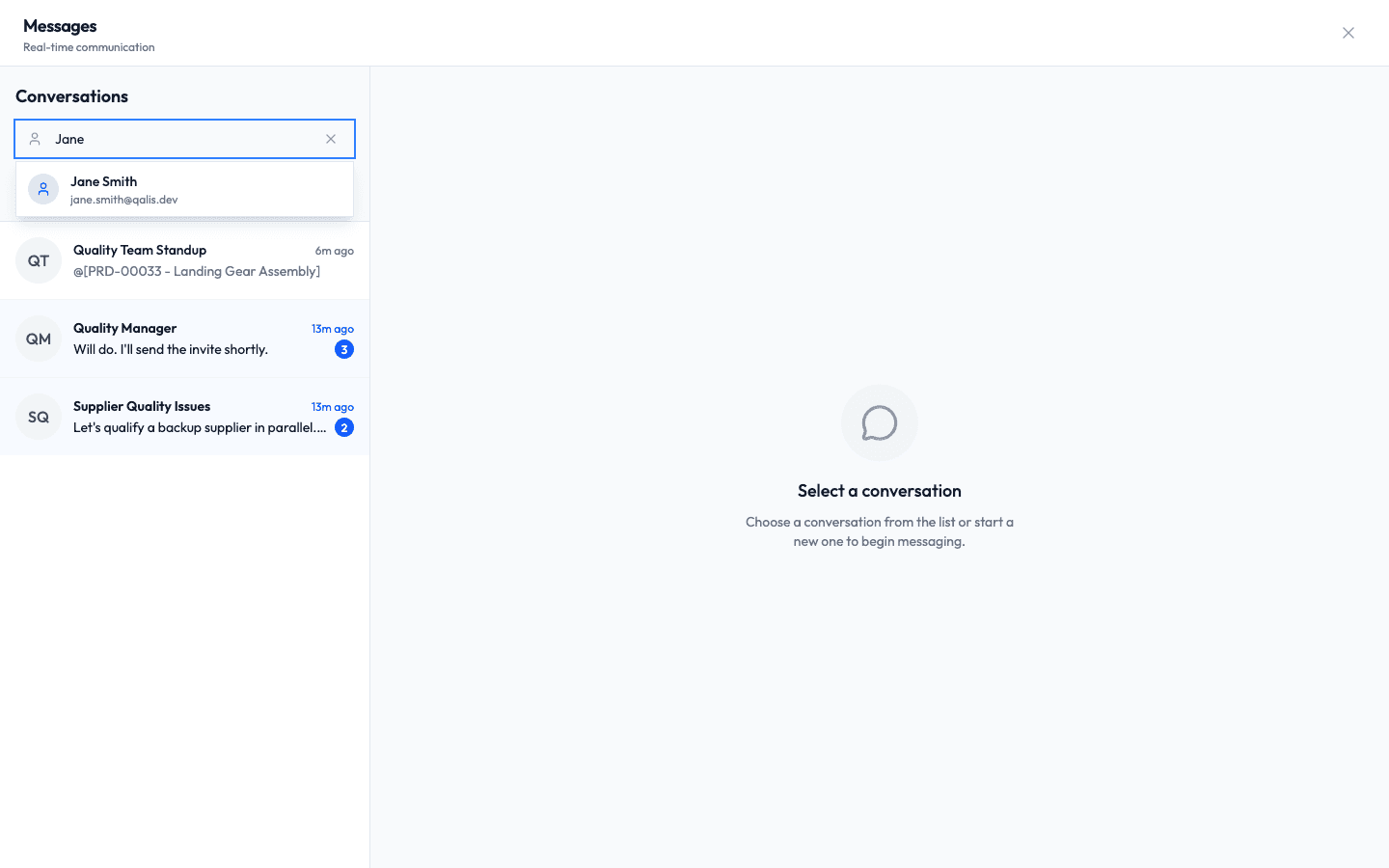 The New Conversation user picker with Jane typed in, showing Jane Smith as a match