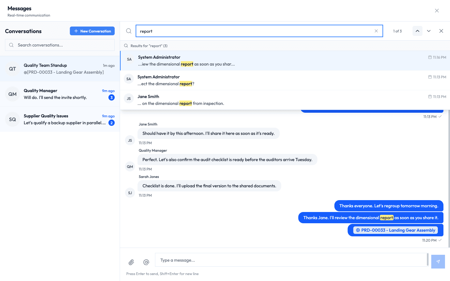 An in conversation search for the word report, showing three highlighted matches and a 1 of 3 counter