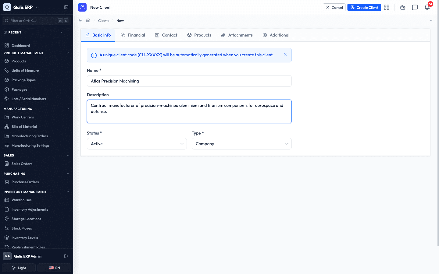 The Basic Info tab with a name, description, status and type filled in