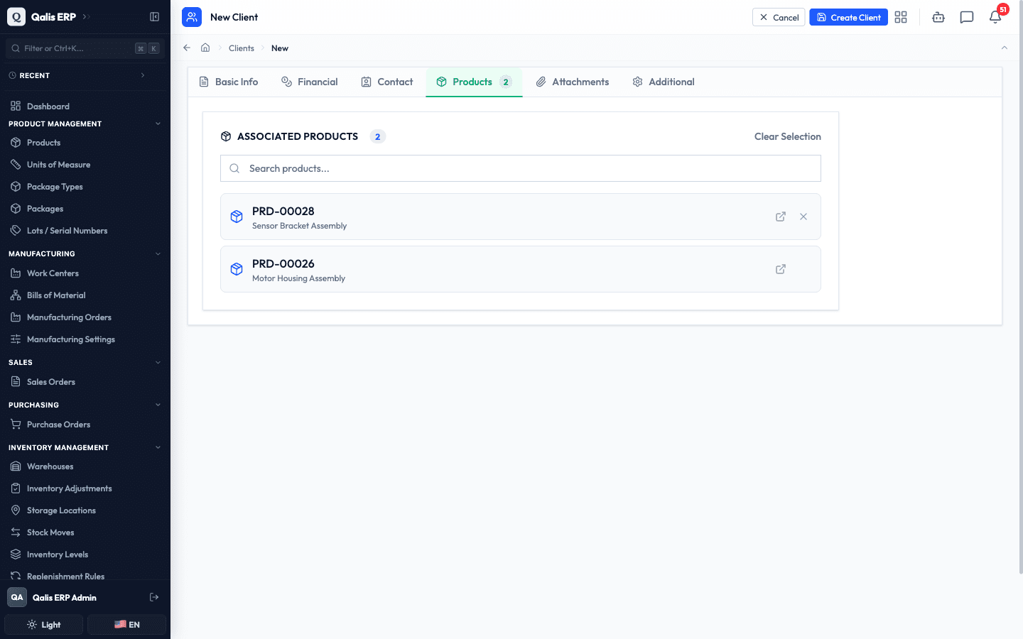 The Products tab with two products linked to the client
