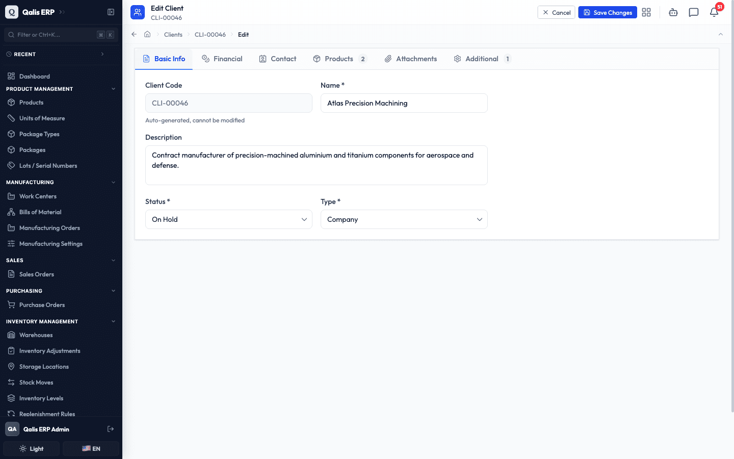 The edit form on the Basic Info tab with the status changed to On Hold