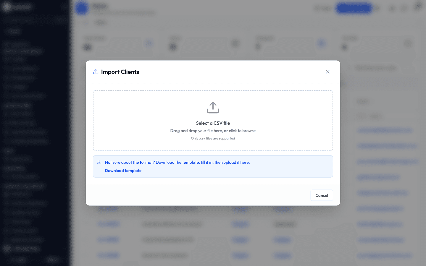 The import window with a drop area for a CSV file and a download template link