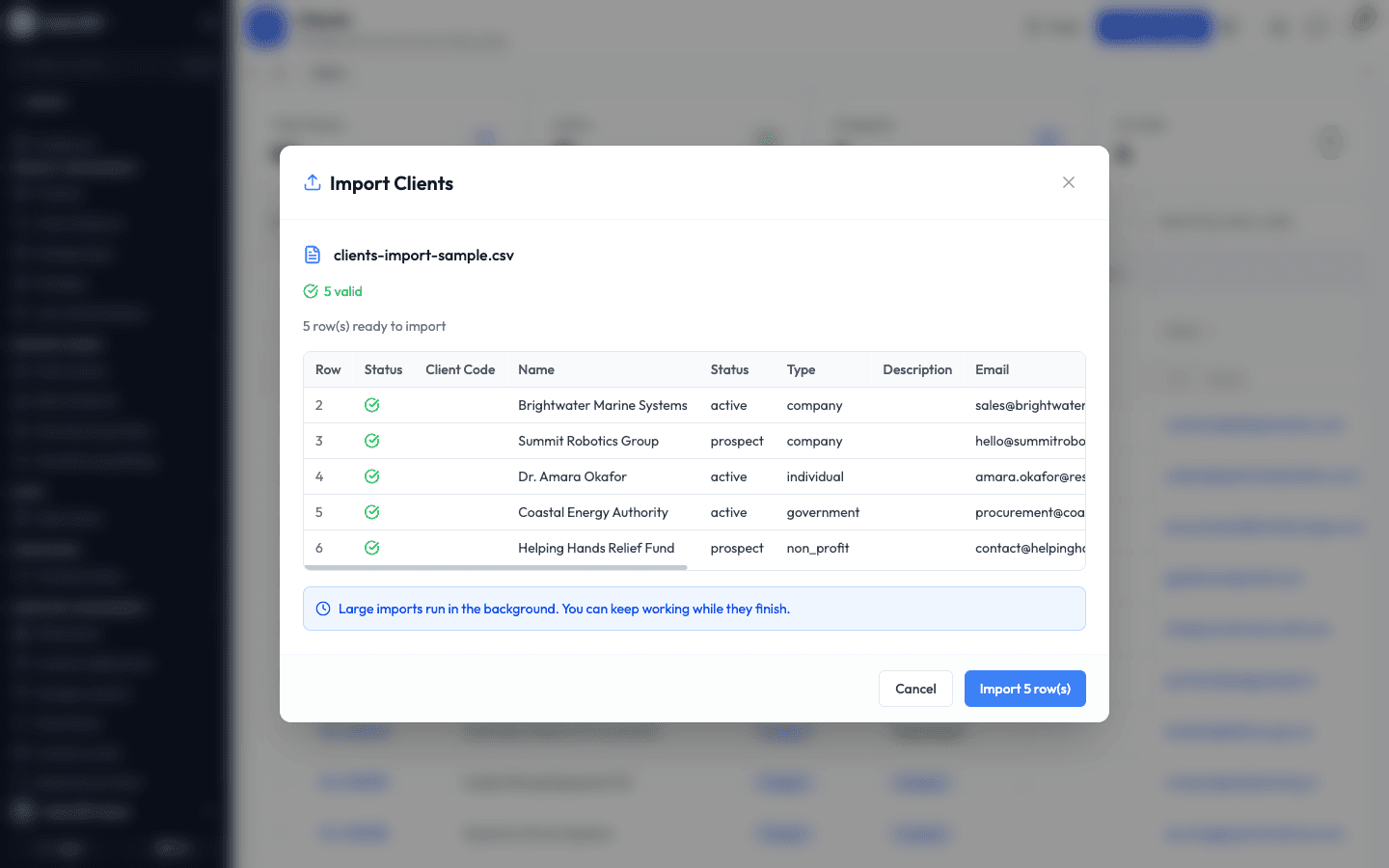 The import preview showing five valid rows ready to import