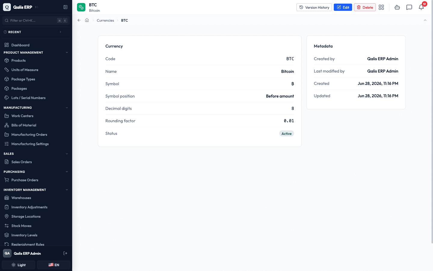 The saved Bitcoin currency detail page showing its details and who created it