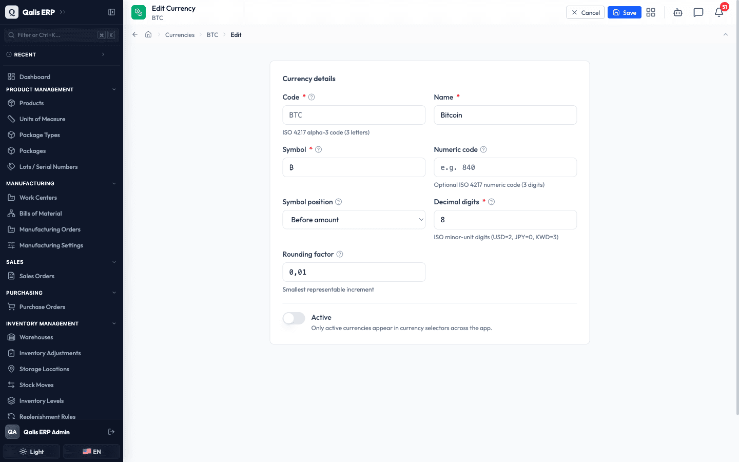 The edit form with the Code field locked and the Active switch turned off