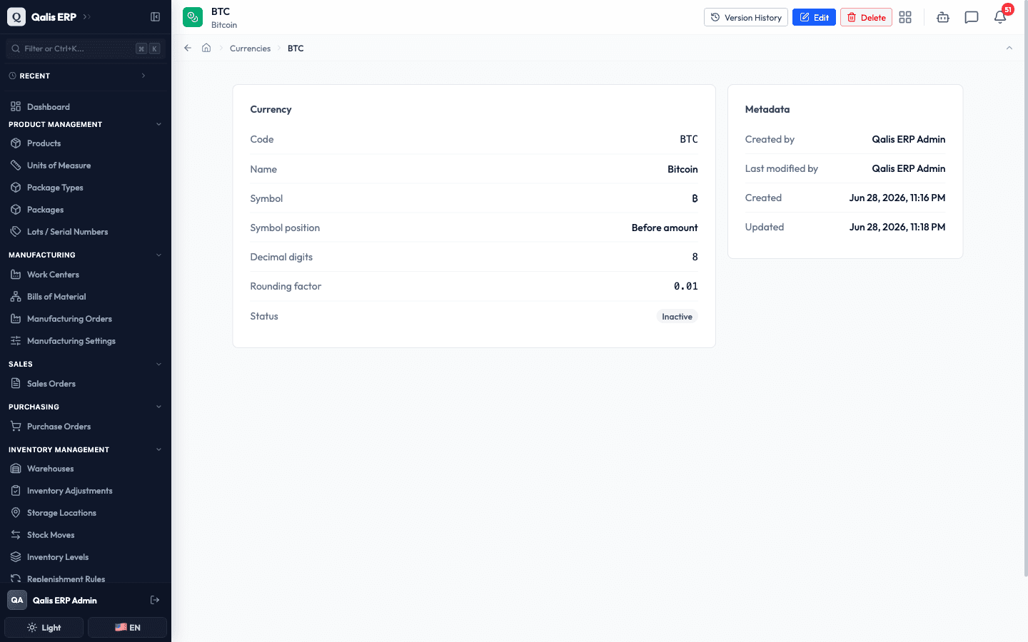 The detail page after editing, with the status now showing Inactive