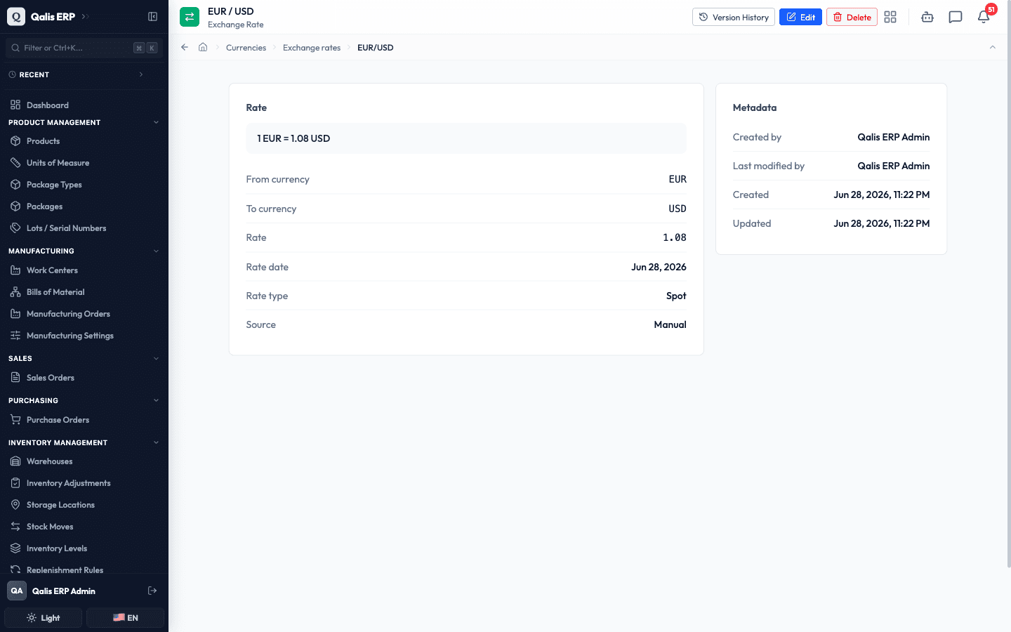 The exchange rate detail page reading 1 EUR = 1.08 USD, with the rate date, type Spot, and source Manual