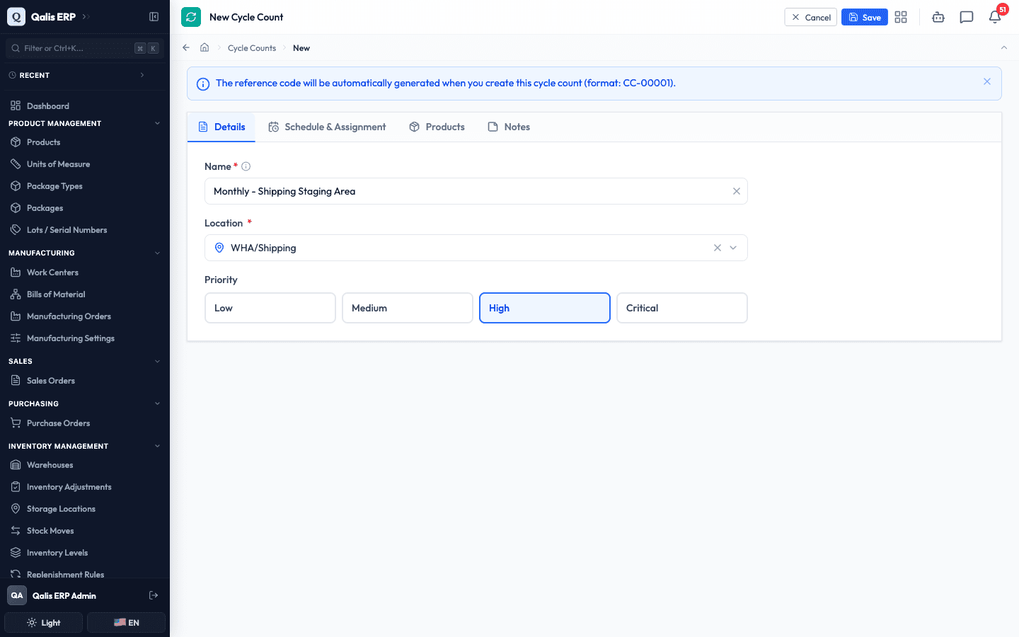 The Details tab with a name, the WHA/Shipping location, and High priority chosen