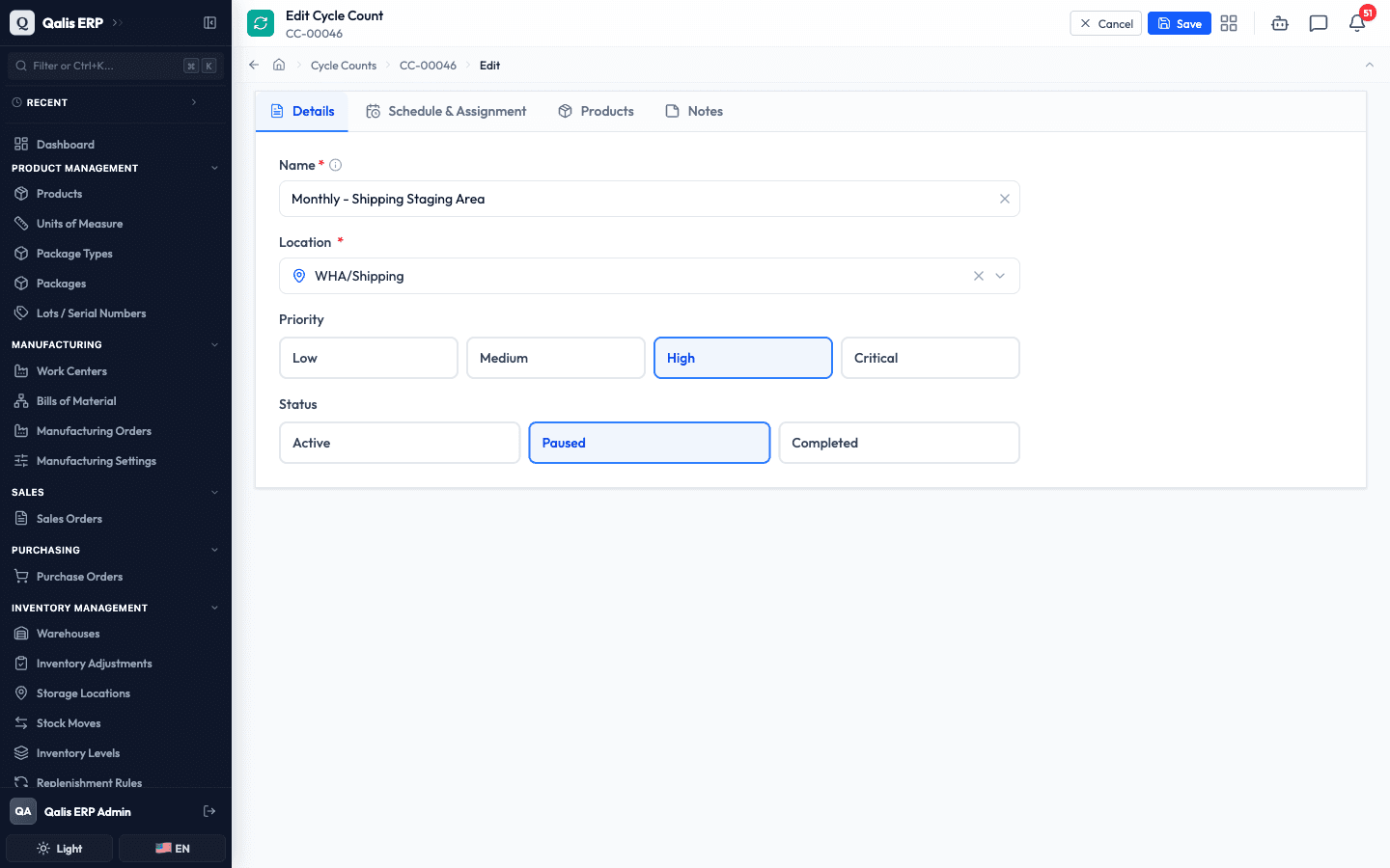 The edit form with the Status set to Paused
