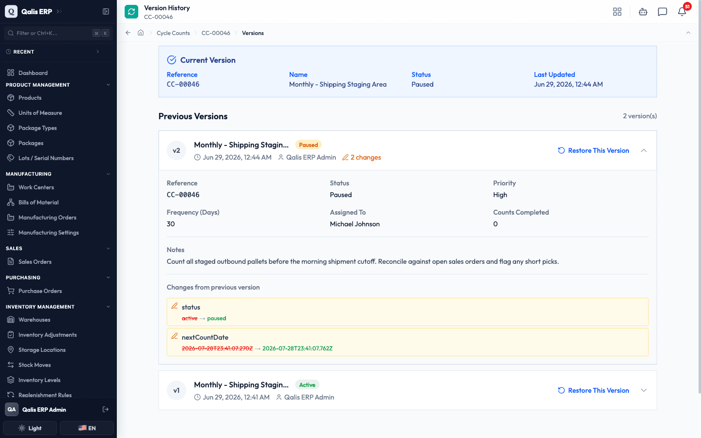 The expanded version showing the status change from active to paused