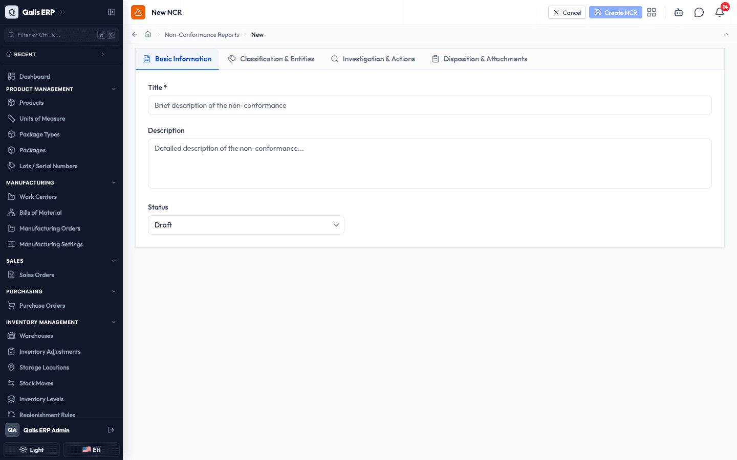 The Create NCR form opened from a quick action