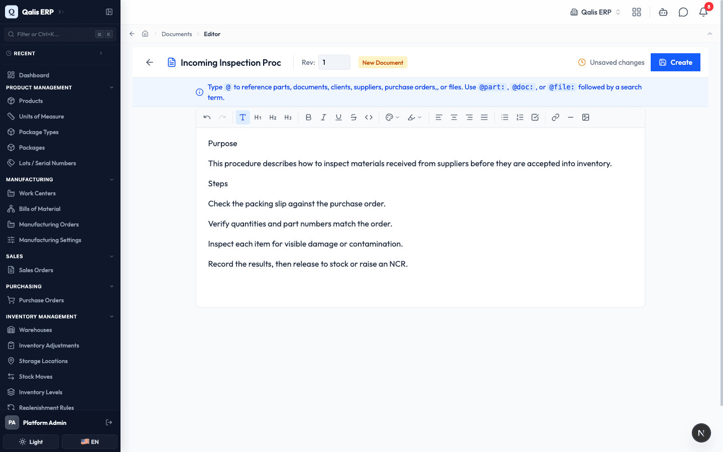 The document editor with a title, a revision, and the document body
