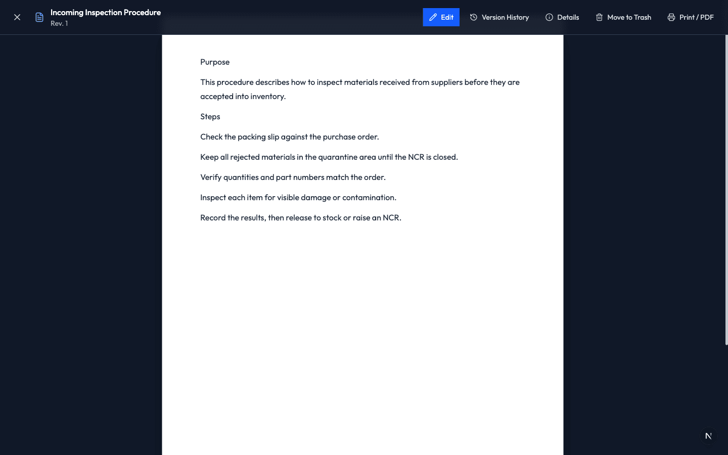 An open document with the action bar across the top