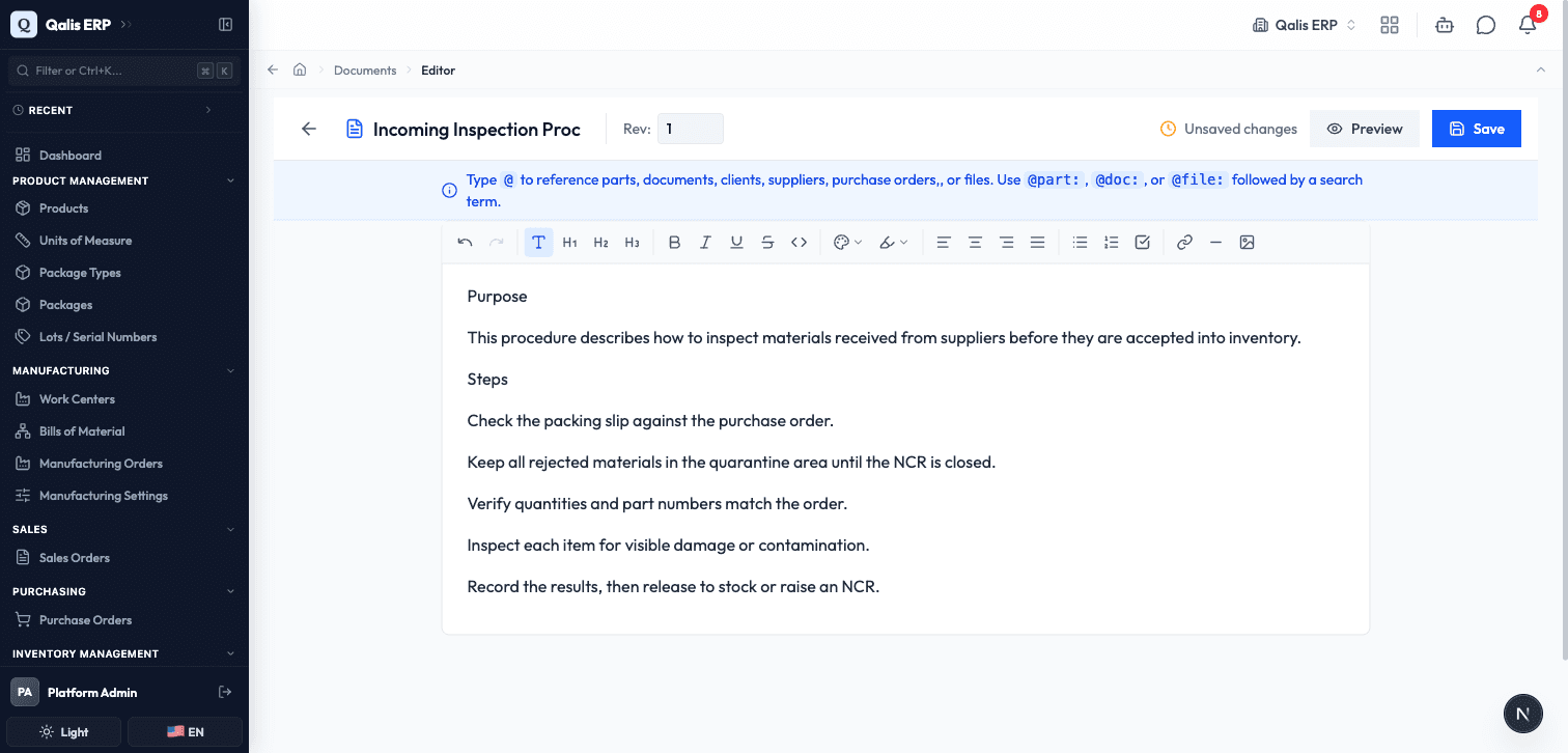Editing an existing document, with the Save and Preview buttons