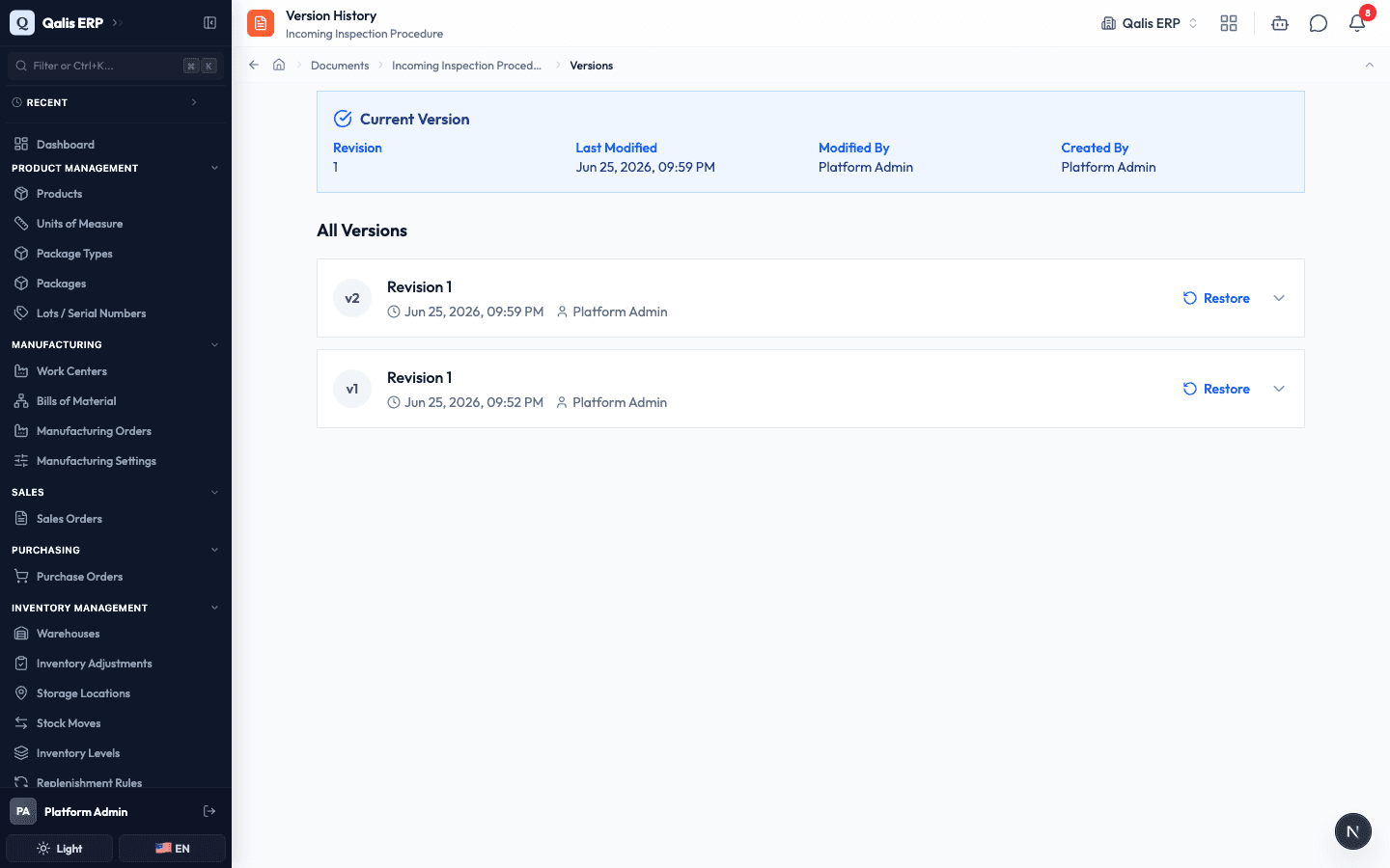 The version history of a document, listing each saved version
