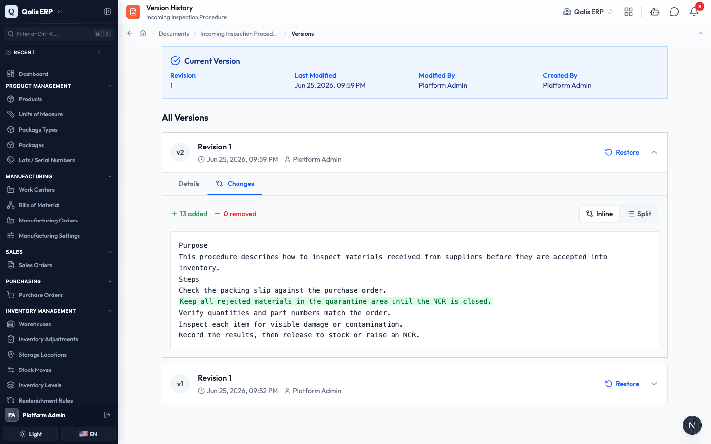 The changes view, highlighting added text in green