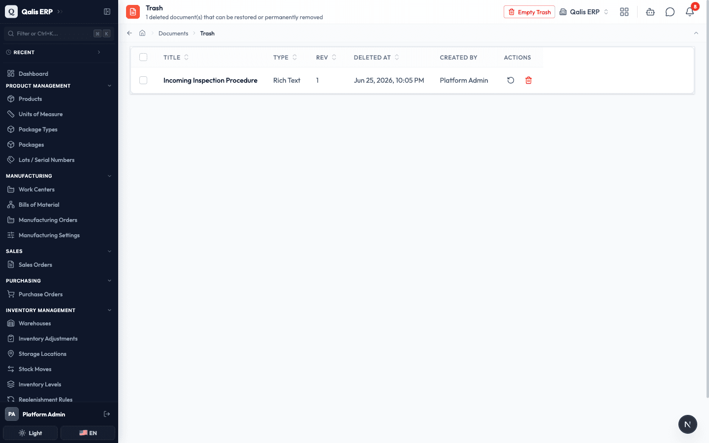 The Trash, listing a deleted document with restore and delete options