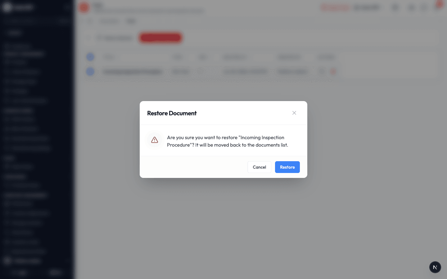 The restore confirmation for a deleted document