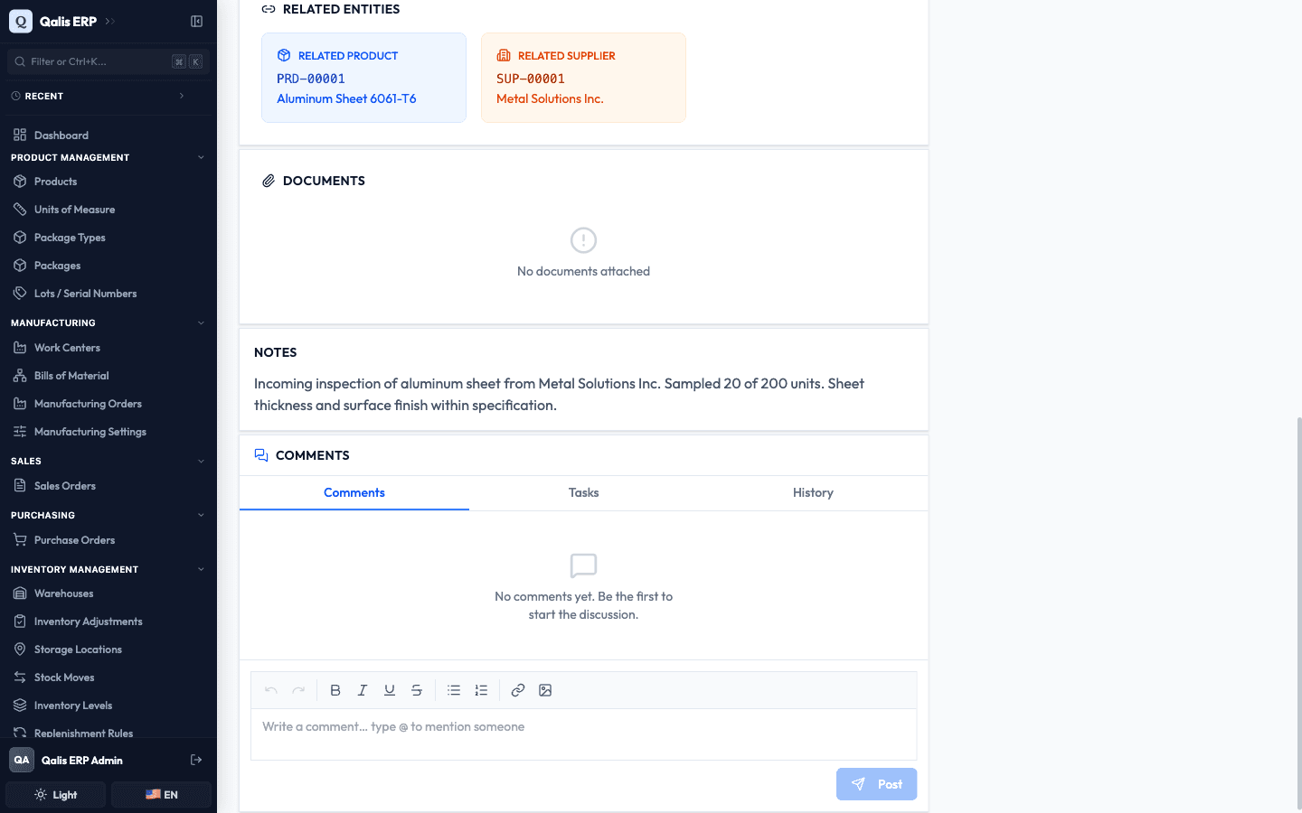The Related Entities cards linking to the product and supplier, with the notes below