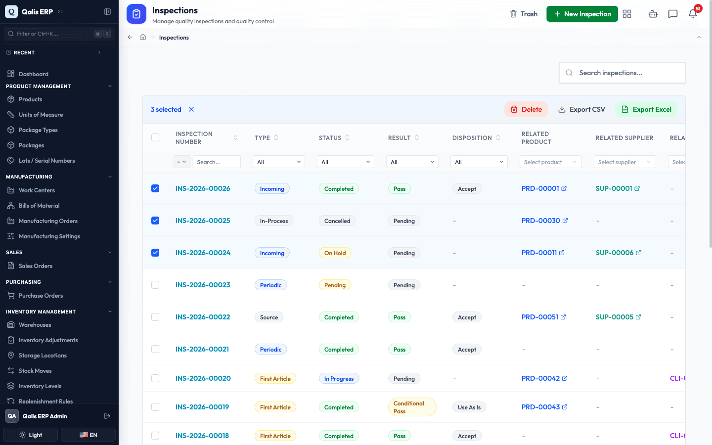 Three inspections selected, with the Export CSV and Export Excel buttons in the selection bar