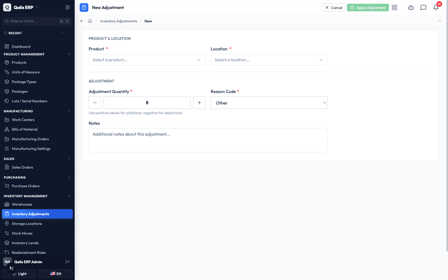 The blank New Adjustment form with Product, Location, Adjustment Quantity, Reason Code and Notes