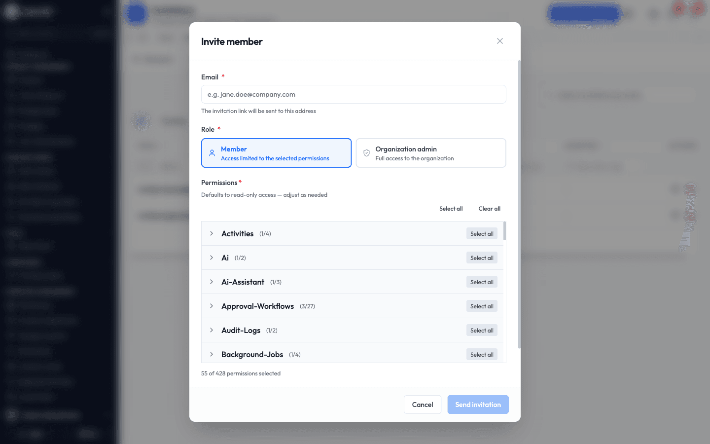 The Invite member form with email, role, and permissions