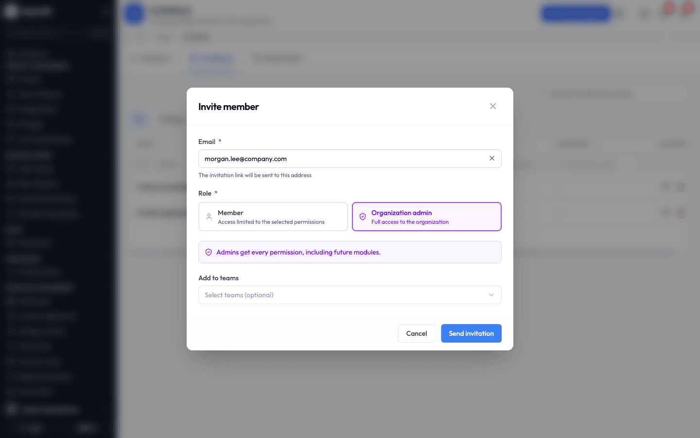 Choosing Organization admin and optionally adding the person to teams